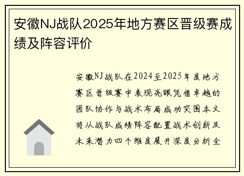 安徽NJ战队2025年地方赛区晋级赛成绩及阵容评价
